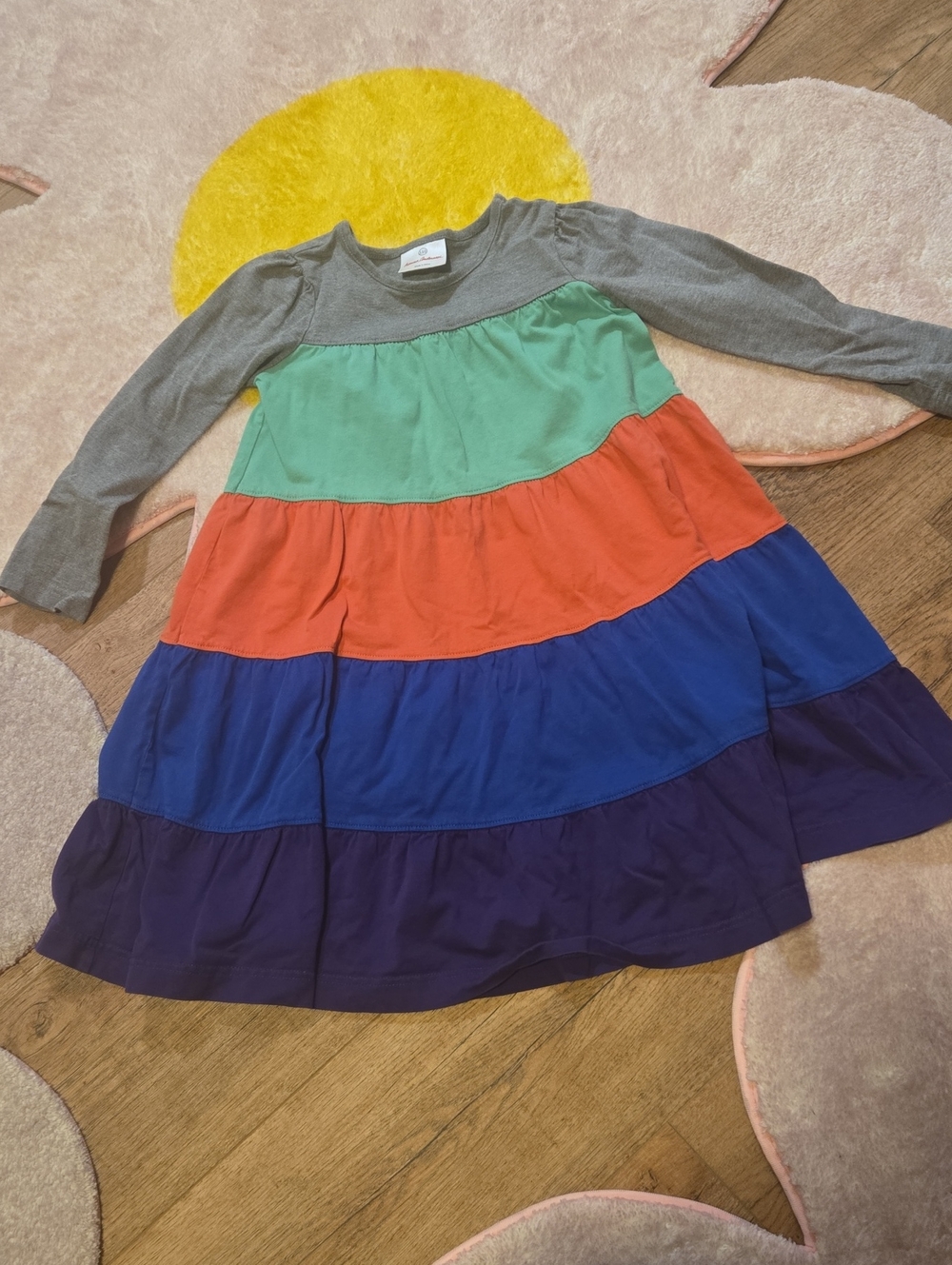 Hanna Andersson Gray Top Multicolor Tiered Dress - Green Orange Blue Purple